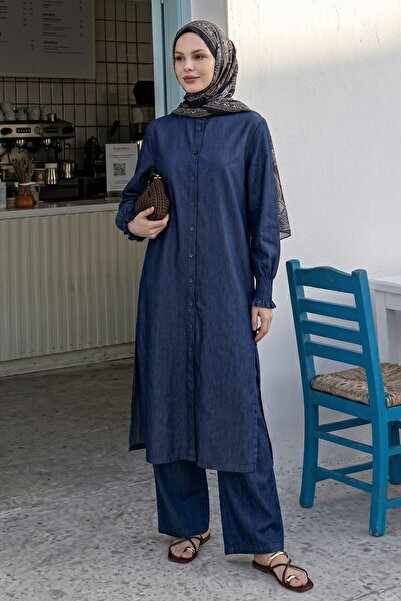 InStyle Drawstring Sleeve Tunic Trousers Dark Blue Denim Set