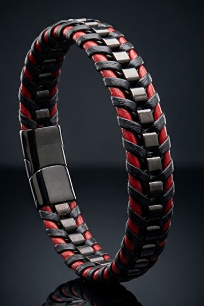 OSMANLI GÜMÜŞ Men's Leather Steel Bracelet Red Black Steel Mesh Leather Magne...
