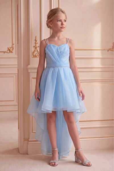 Girls Evening Dress Baby Blue Stone Cord Strap Heart Collar Tail Chiffon Evening Dress 10-15 Years