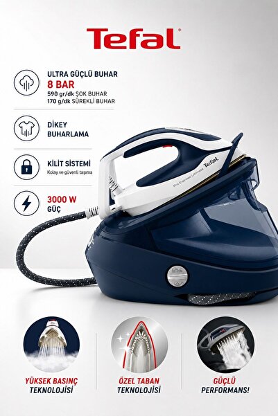TEFAL 8 Bar Yüksek Basınçlı Buhar Kazanlı Ütü 3000 W Güç 590 Gr Şok Buhar Ken...