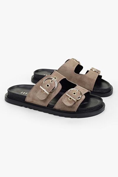 Shoeberry Women's Vian Mink Suede Belted Slippers