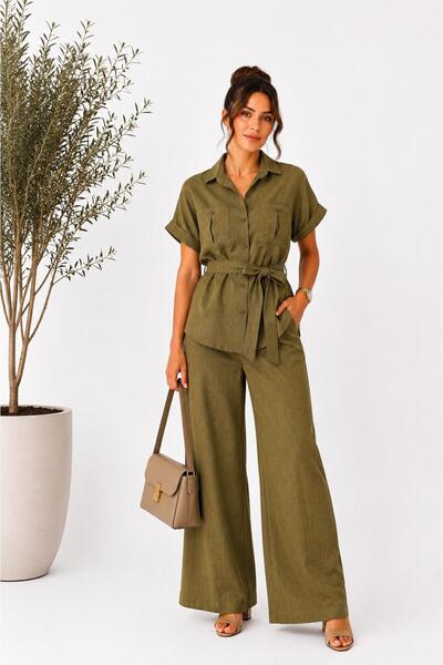 inci bayan giyim Women's Button-Detail Shirt with Collar and Belt 2-Piece Set