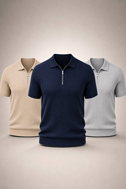 ZMODA SOFT Erkek 3’lü Polo Yaka Triko Dokulu Yarım Fermuarlı Tshirt Regular Y...