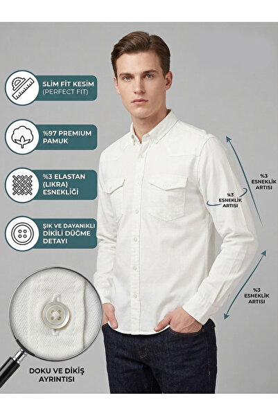 FUSARO Erkek Beyaz Slim Fit Likralı Pamuklu Çift Cepli Gömlek