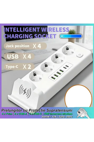O.M.D Prelungitor 3000W, 11-în-1, 2m, 4 prize AC, 4 USB-A, 2 USB-C, Încărcare...