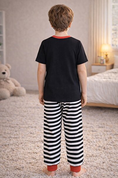 koza iç giyim Erkek Çocuk Pamuklu Çizgili Baskılı Kısa Kollu Uzun Alt Pijama Takımı