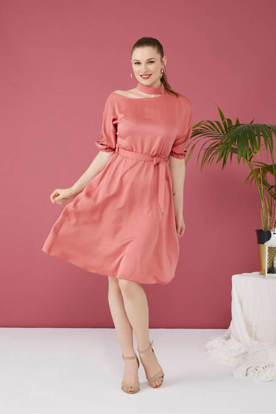 FIRST STYLE Elegant Apricot Turkish Dress with Soft Cut-Out on the Shoulder