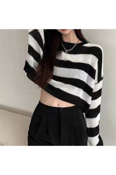 Choice4 M WHITE New Korean Style Striped Cropped Sweater Women Vintage Oversi...