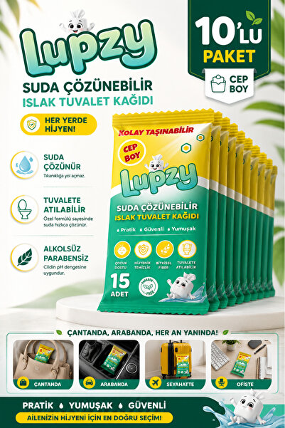 Lupzy 10'lu Cep Boy Islak Tuvalet Kağıdı – Suda Çözünebilen Bambu Lifli Hijye...