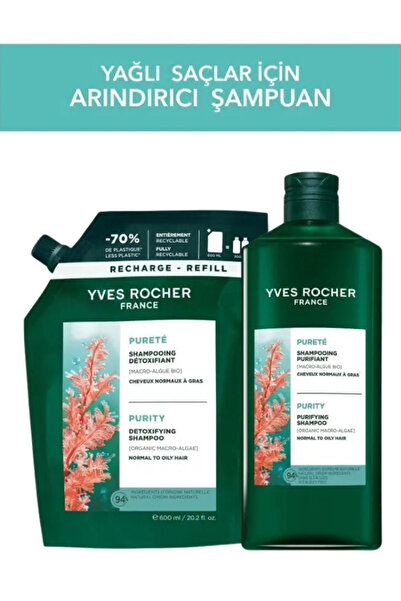 Yves Rocher Arındırıcı Şampuan Seti 300 ml + 600 ml Yedek Yağlı Saç Vegan Tuz...