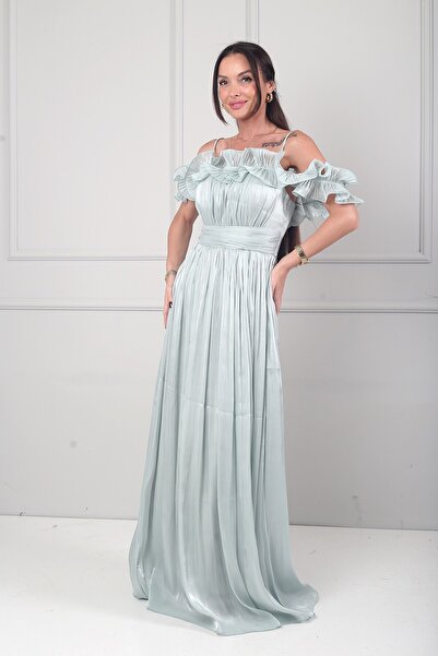 By Saygı Women's Chiffon Fabric Flounce Detailed Lined Long Dress