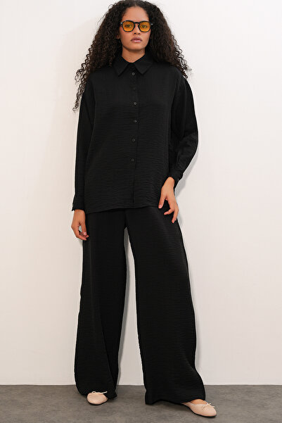 Bigdart Women's Textured Shirt and Pants Two-Piece Set 6710 - Black