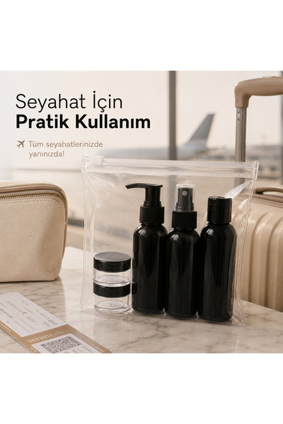makrobay Seyahat Boy Kozmetik Şişe Seti 100 ML Siyah PET Şişe ve Kavanoz Seti
