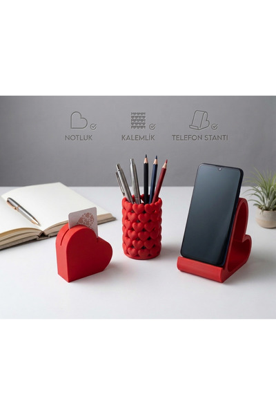 3DLİNE Kırmızı Kalpli 3'lü Masaüstü Düzenleyici Seti -3D Tasarım Kalpli Ofis ...