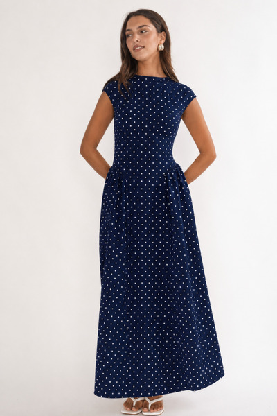 Stile Bella Rochie maxi cu buline, cu guler înalt și pliuri laterale, pentru ...