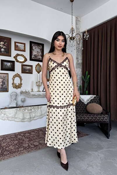 Caddebostan Moda Polka Dot Lace Detailed Satin Strap Midi Dress