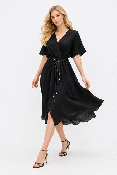 UTDU V-Neck Waist Tie Dress