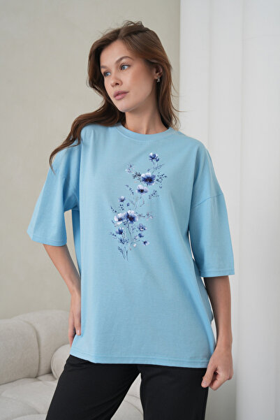 caddekombin Women's Blue Floral Printed Blue Round Crew Neck T-Shirt Black Jo...