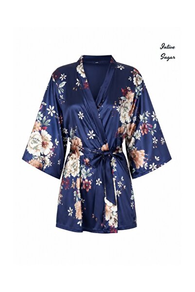 İntive Lingerie Intive Sugar Saks Blue Floral Patterned Satin Belted Mini Gei...