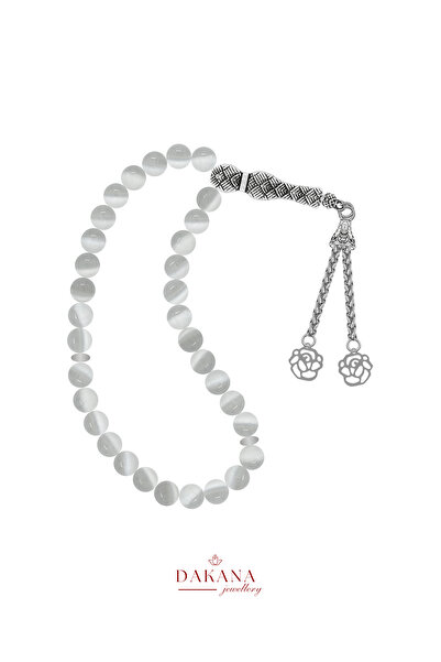 DAKANA JEWELLERY Certified 8 mm Selenite Stone Lotus Flower Steel Tassel Natu...