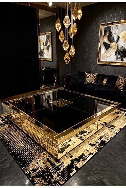 LUXURY VİLLA LUXURY GOLD AYNALI SİYAH CAMLI 4 PARÇADAN OLUŞAN ORTA SEHPA 130x...