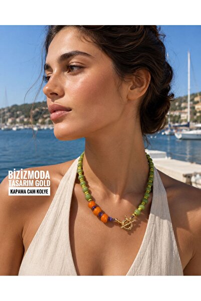 bizizmoda Cam Boncuk Doğal Taş Tasarım Renkli Kolye
