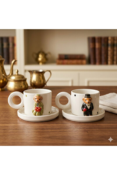 seda seramik Handmade Bride and Groom Teddy Bear Designed Ceramic Cup Set (20...