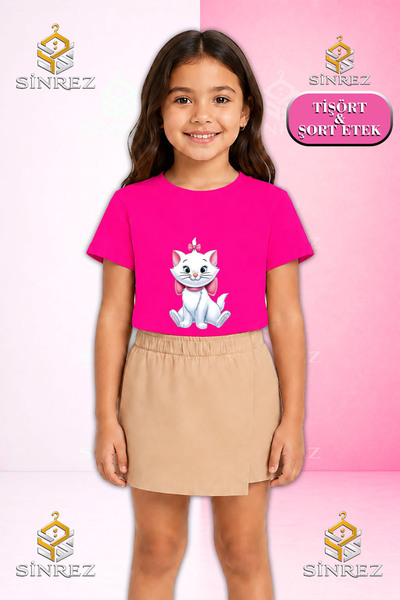 SİNREZ Set pentru fete CAT SITTING ON THE ROOF, tricou cu mânecă scurtă impri...