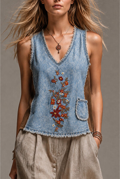 Boutique Juji BOHEM NAKIŞLI DENİM KOT KOLSUZ BLUZ