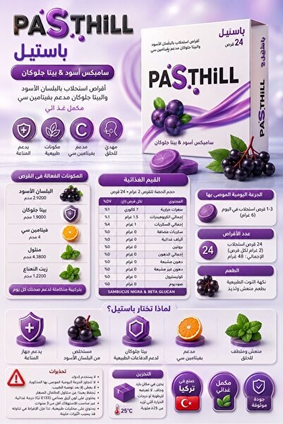 Pasthill أقراص التوت البري مع فيتامين سي - أقراص مهدئة للحلق - 24 قرص