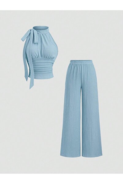 meren like your style Set de top și pantaloni largi, albastru bebeluș, cu dec...
