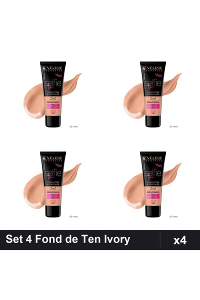 Eveline Set 4 Fonduri de Ten Selfie Time 2in1, Nuanta Ivory 02, 30ml
