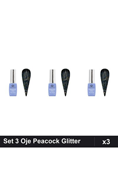 Makeup Set 3 Oje Semipermanente Peacock Glitter 8ml, Nuanta 09, Manichiura UV...