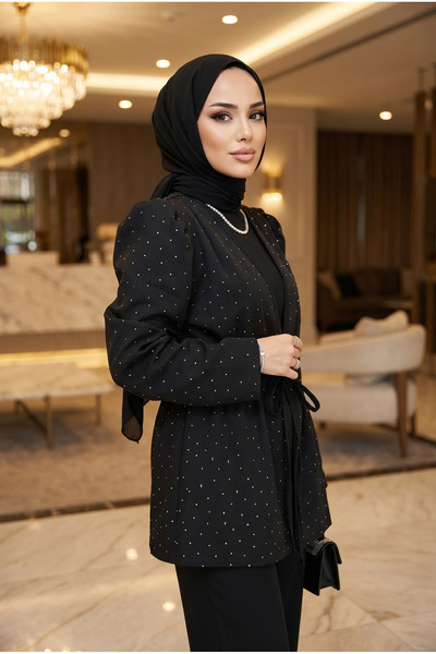 Kirazca Butik Set dublu Hijab cu broderie în piatră pentru femei, set de pant...