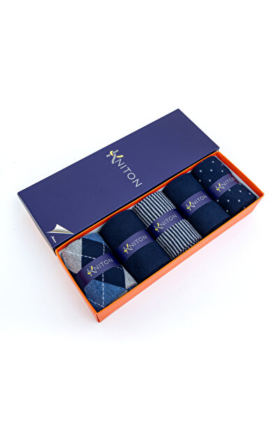 KNITON Dikişsiz Bambu Çorap Jakarlı Lacivert Renk Desenli Erkek Çorap Kutulu 5 Çift Premium Uzun Soket Mix Çorap Bambu