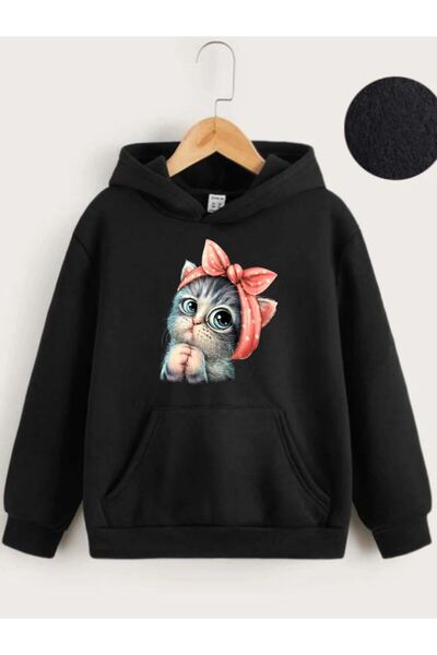 Generic Brand Kids Unisex Hooded Sweet Cat Printed Sweatshirt - Black