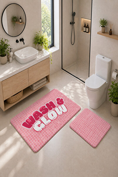 DOREM Dijital Kaymaz Yıkanabilir İkili Banyo Paspası Banyo Halısı 40x60 + 60X...