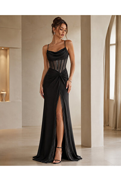 OEM Rochie lunga eleganta cu corset transparent, strasuri, drapaj si slit adanc