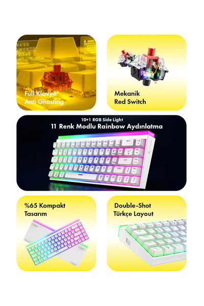 gameagle Hera RGB Kablolu RGB Şerit + Rainbow TR Layout DoubleShot Full Anti-Ghosting Mekanik OyuncuKlavyesi