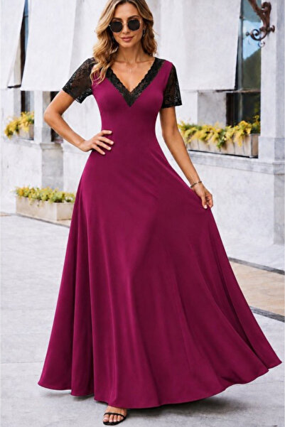 Kokosh moda Ženska elegantna haljina od krepa sa V-izrezom i dugim čipkastim ...