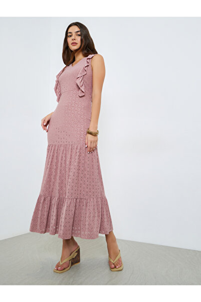 Styli Pink Ruffle Detail Eyelet Tiered Maxi Dress