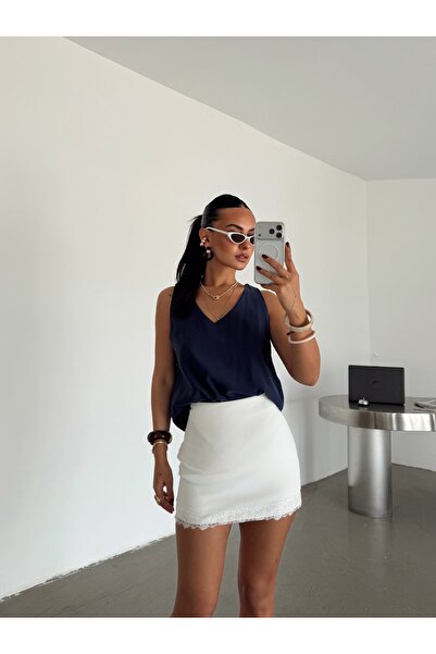 myd V-Neck Zero Sleeve Blouse - Navy Blue