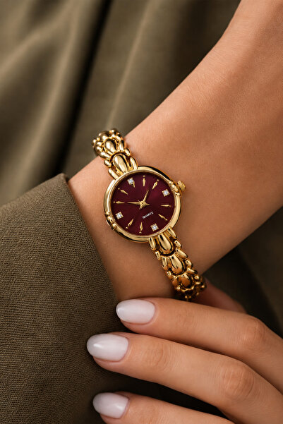İnogge Violes Gold Kadın Kol Saati – Vintage Luxury Taş Detaylı Bordo Zarif Ç...