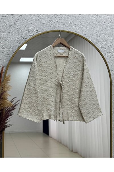 MİHRA STORE Kimono cu ciucuri și legături Şelale-Zİ3141 Taş