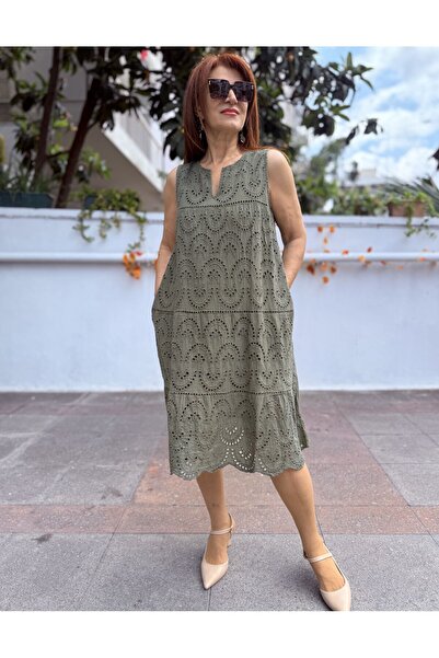 DenizEge Kolberli Lined Brode Short Dress Khaki