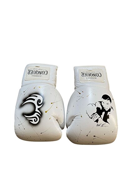 Conquer Custom Made Mike Tyson Leather Gold Splash Boxing Gloves White