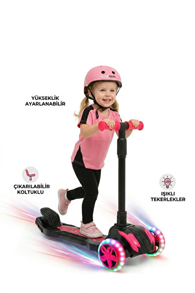 MAROKEN Pembe Çocuk Scooter - LED Işıklı ve Oturaklı 3 Tekerlekli Model (3-7 ...