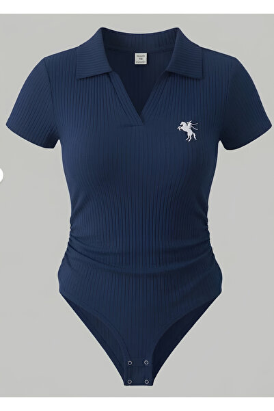 Minga London Body din Lycra Premium cu guler polo și capse - Albastru închis