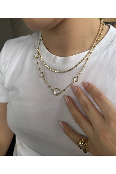 Xui Trend Marka Model Parlak Zirkon Taş Detaylın Boncuk Zincirli Çelik Gold K...
