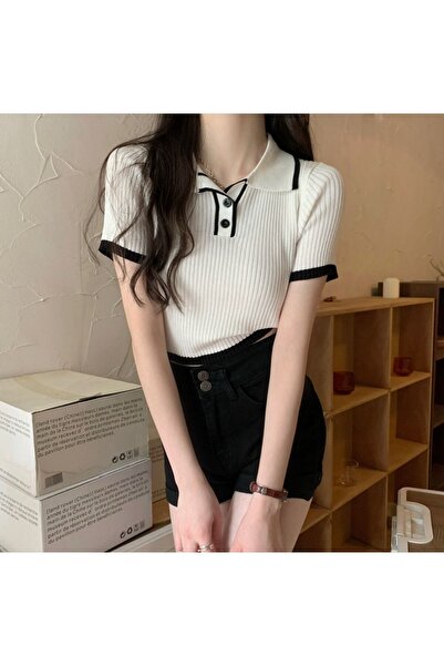 banessa Kadın Fitilli Polo Yaka Düğme Detaylı Basic Crop Tişört